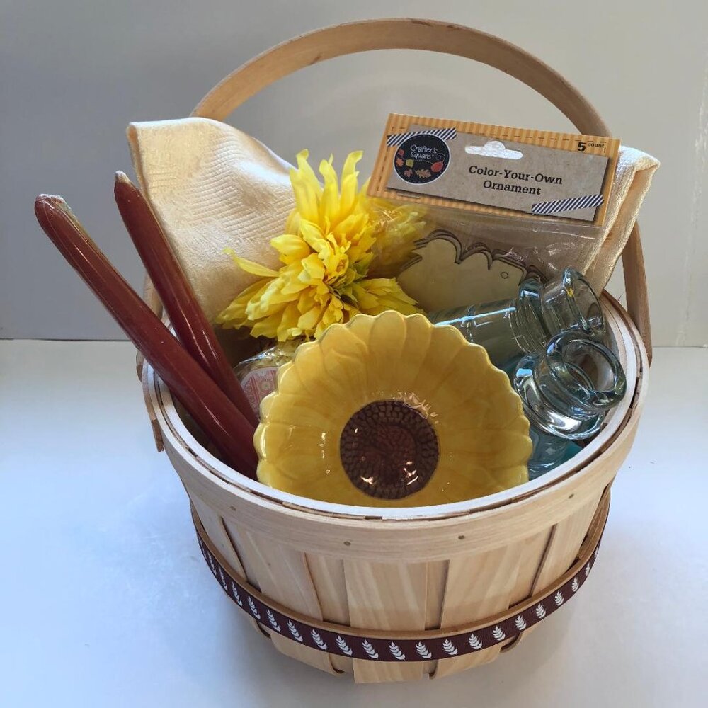 Harvest Basket bundle, Wood basket, cloth napkins, candles and holders, dish etc